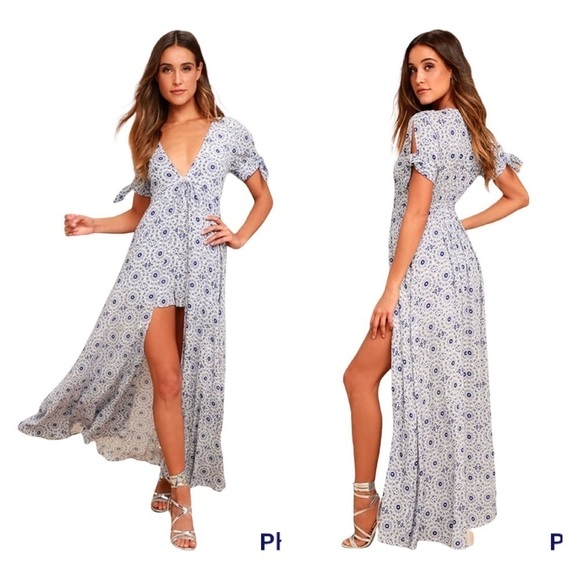 LULUS Blue White Printed Tie Front Maxi Romper Dress Small - Picture 3 of 12